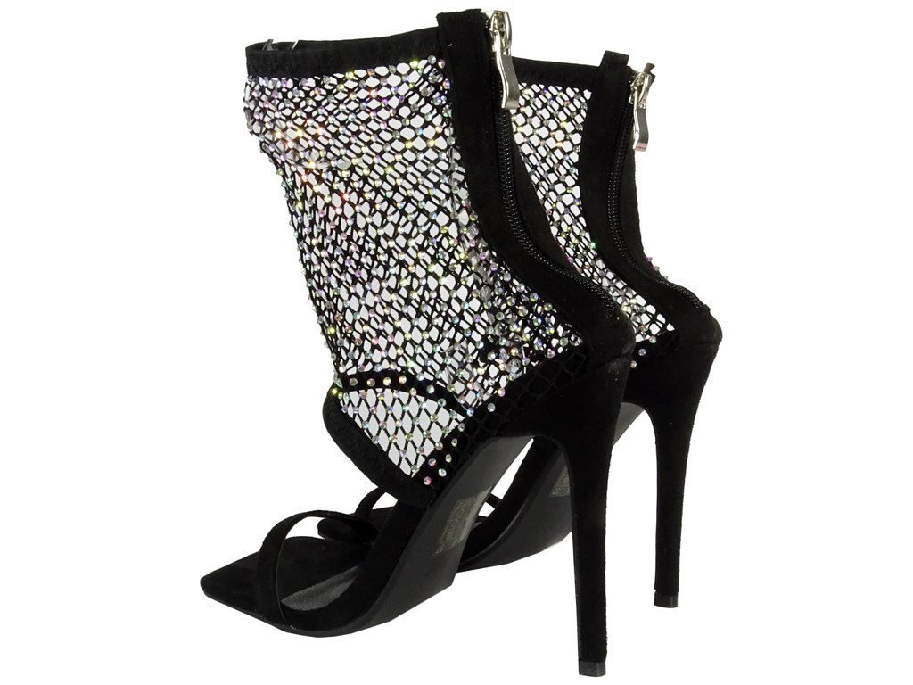 Black open-work stiletto sandals with rhinestones - 3