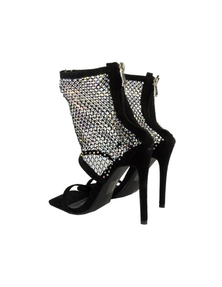Schwarze durchbrochene Stiletto-Sandalen mit Strasssteinen - 3