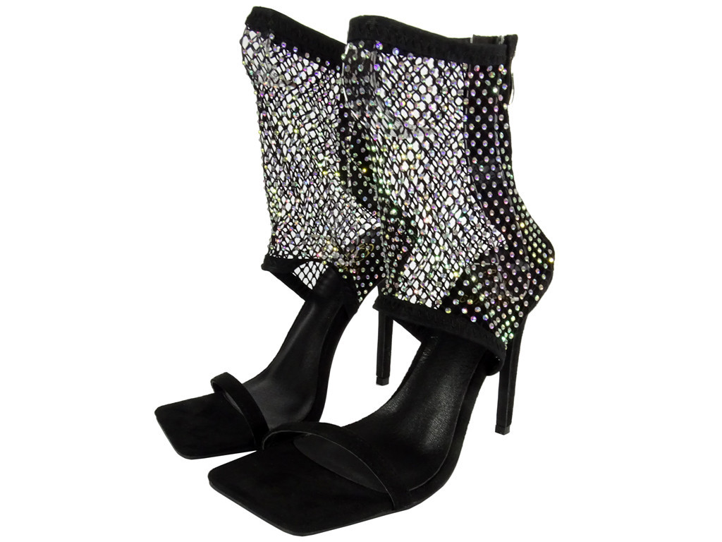Schwarze durchbrochene Stiletto-Sandalen mit Strasssteinen - 2