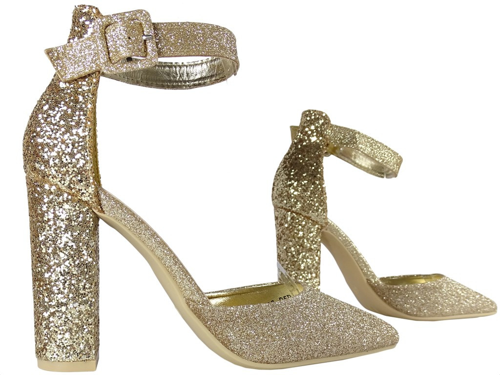 Tocuri stiletto din brocart auriu cu curea - 3