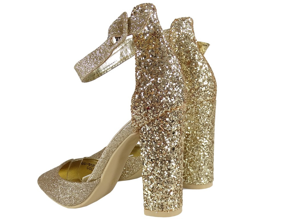 Tocuri stiletto din brocart auriu cu curea - 2