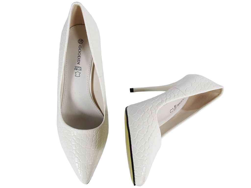 Fehér stiletto esküvői cipő eko bőr, mint a kígyó - 5