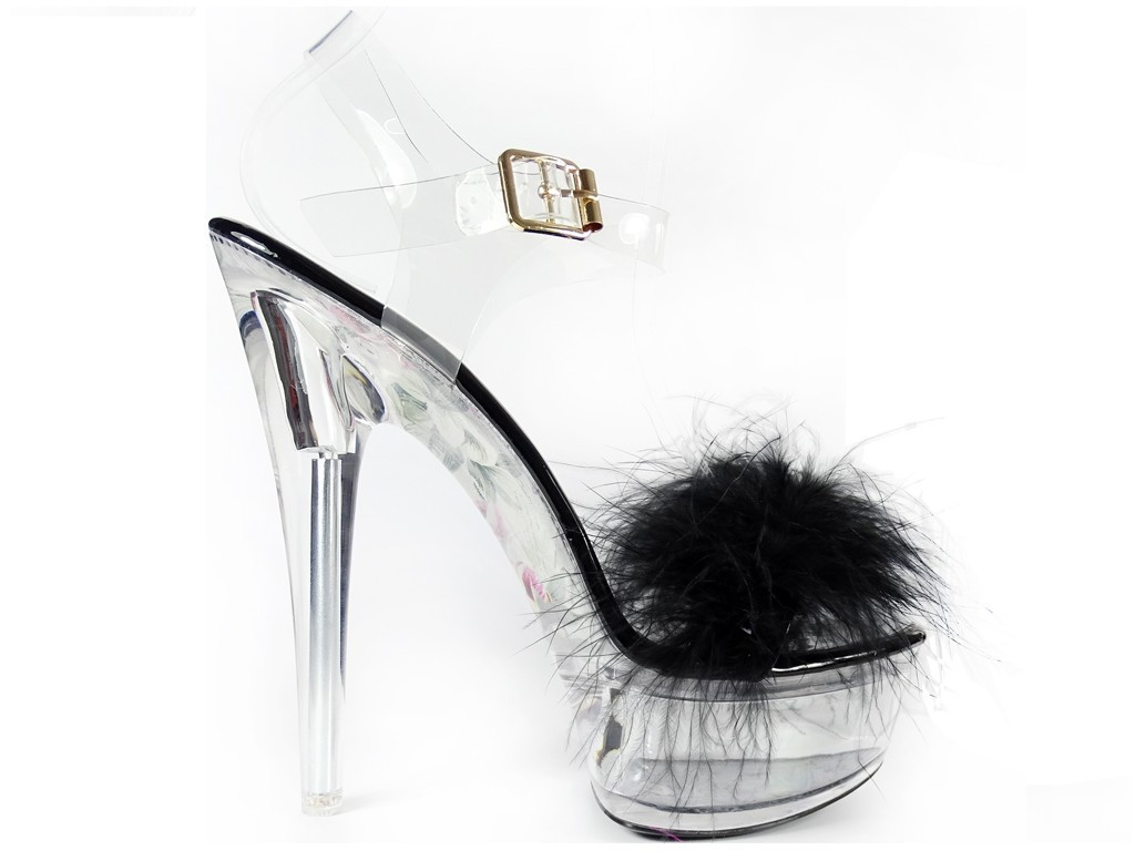 Sandale stiletto transparente negre cu beteală - 1
