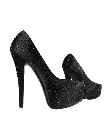 Talons aiguilles en plate-forme en satin noir avec zircons - 3
