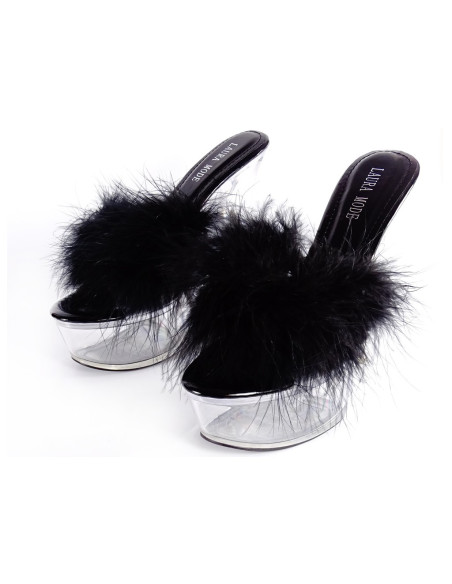 Melnas čības ar kažokādu uz caurspīdīga stiletto papēža - 4