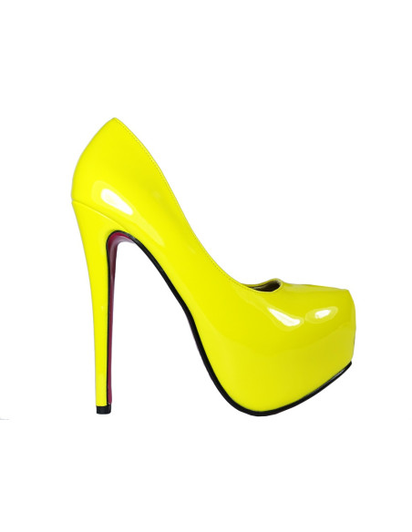 Gelbe Plateau-Stilettos mit lackierter rosa Sohle - 1