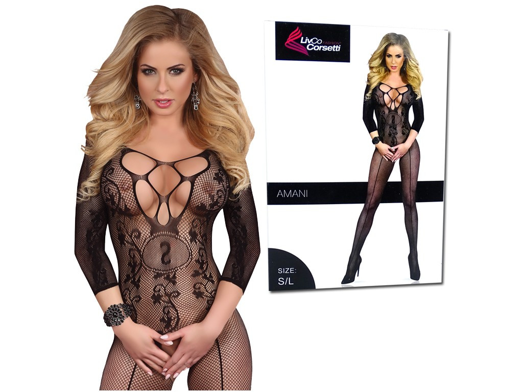 Melns bodystocking ar atvērtu kājstarpi - 7