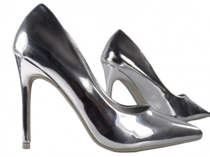 Strieborné kovové zrkadlové dámske topánky na podpätku - 3