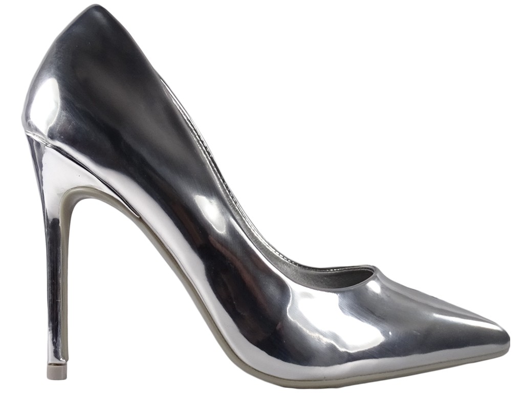 Strieborné kovové zrkadlové dámske topánky na podpätku - 1