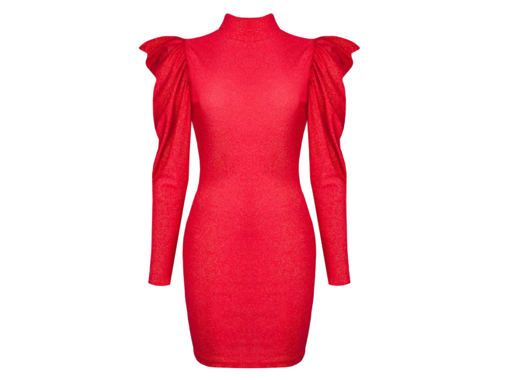 Червона приталена сукня з буфами - 1