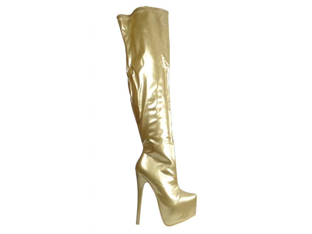 Golden lacquered long boots behind the knee on the platform - 1