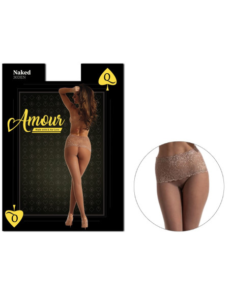 Beżowe rajstopy z koronka w pasie open crotch - 4