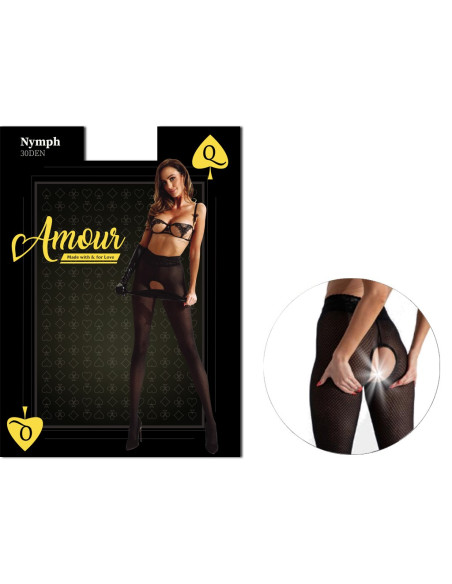 Schwarze Strumpfhose im offenen Schritt mit Cabaret-Muster - 4