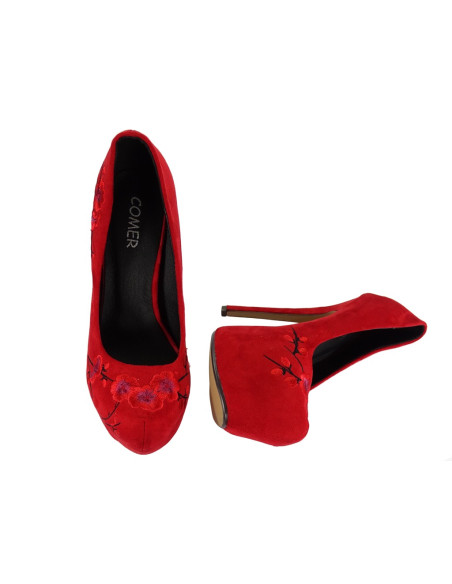 Stilettos cu platformă din piele de căprioară roșie - 4