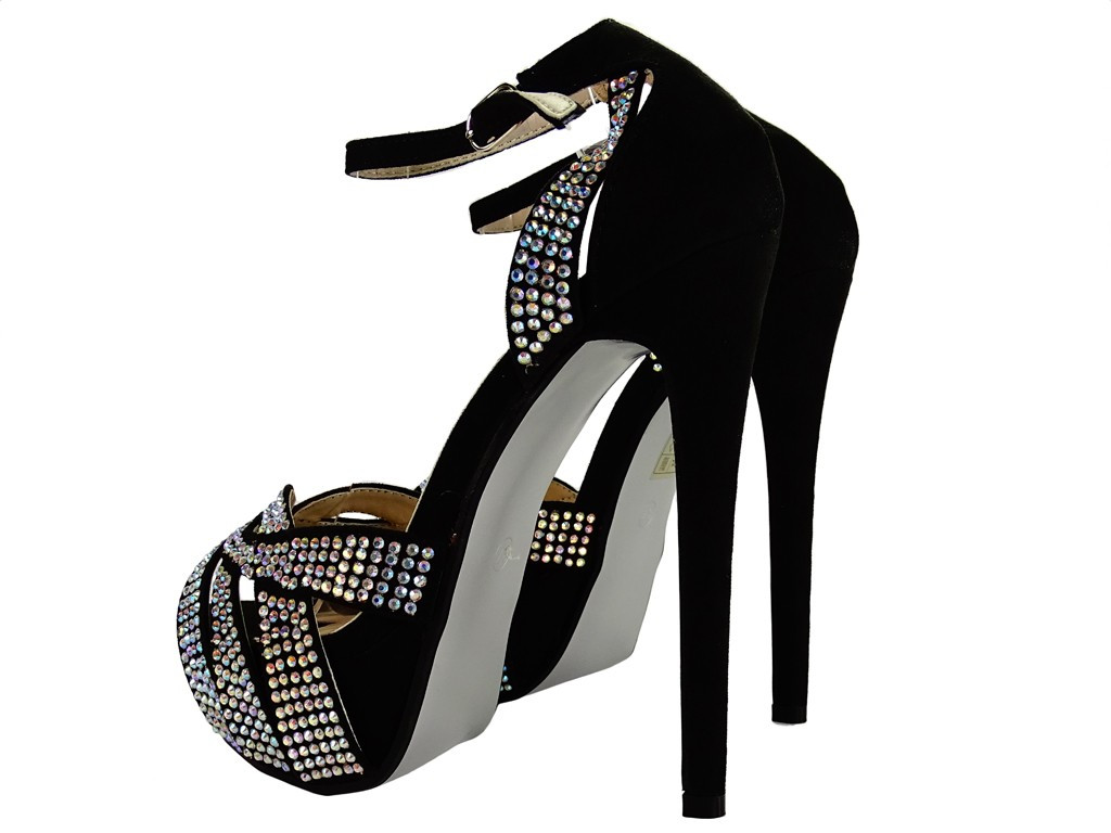 Sieviešu melni stiletto papēži ar cirkoniem sandales - 2