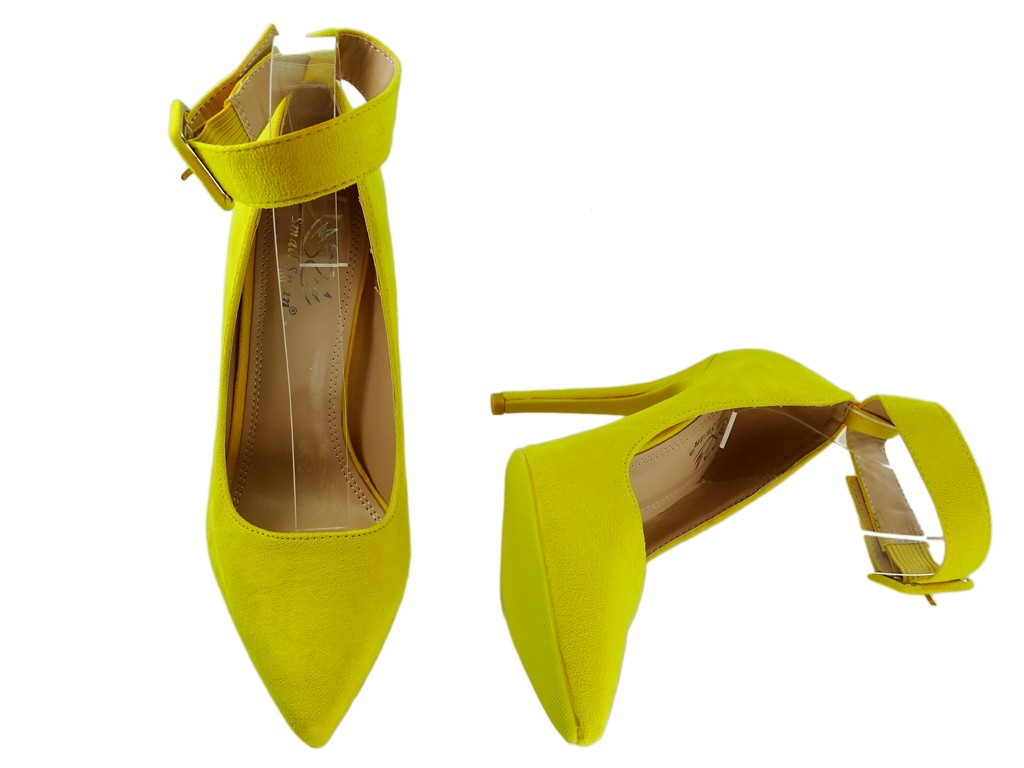 Stilettos cu baretă la gleznă din piele de căprioară galbenă - 4