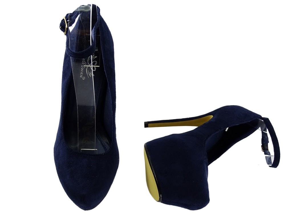 Navy blue platform stilettos with strap suede - 4