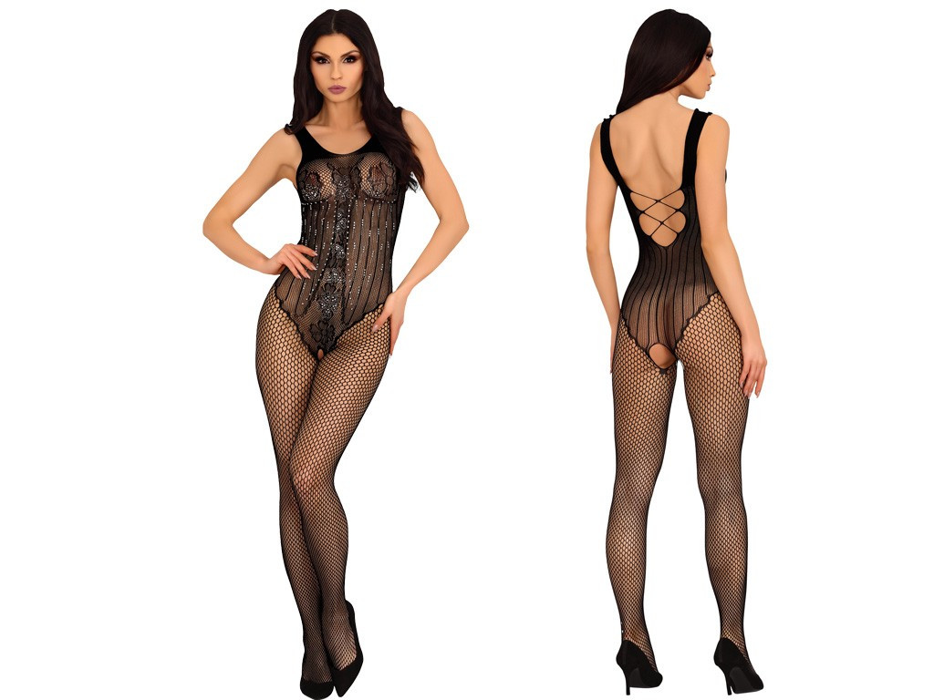 Lenjerie erotică neagră bodystocking cu zirconiu cubic - 3