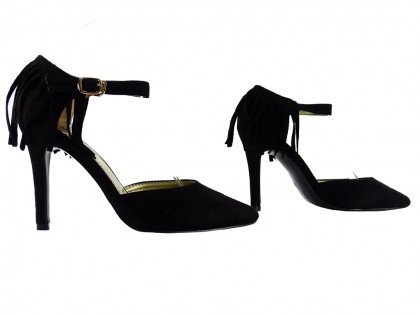 Black fringed stilettos with ankle strap - 4