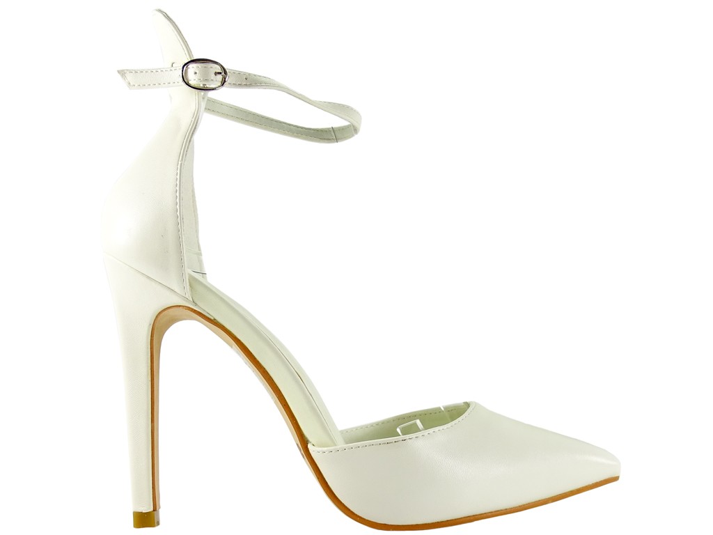 Pantofi stiletto de damă albi cu curea la gleznă din piele ecologică - 1