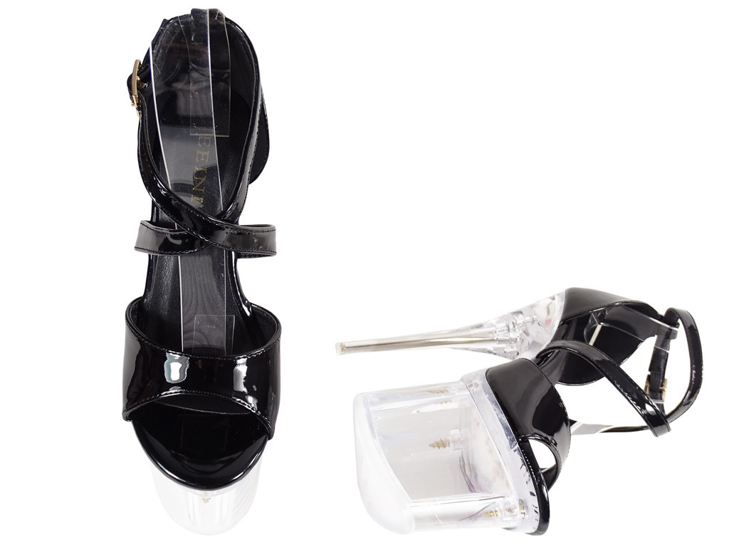 Lakoti melni stiletto papēži ar stikla platformu - 4