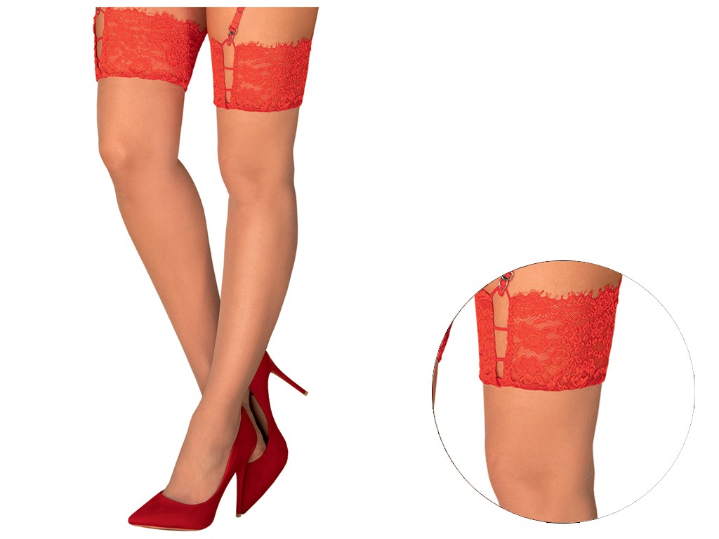 Flesh-colored stockings with red lace for belt - 3