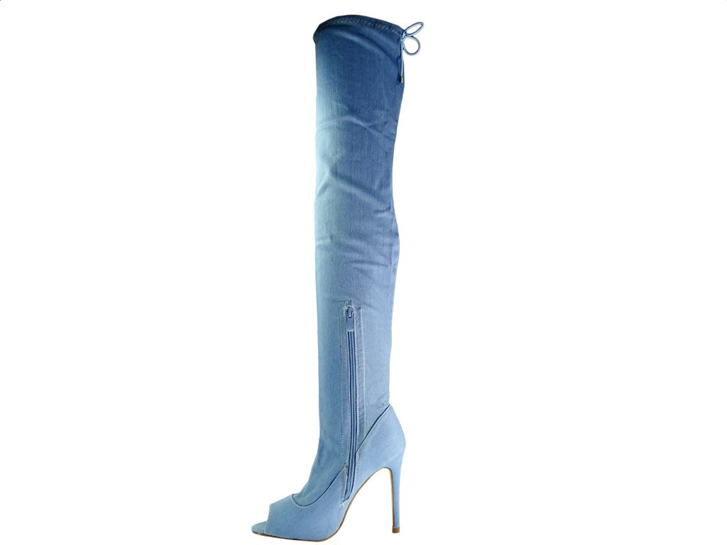 Niebieskie kozaki za kolano jeansowe - 4