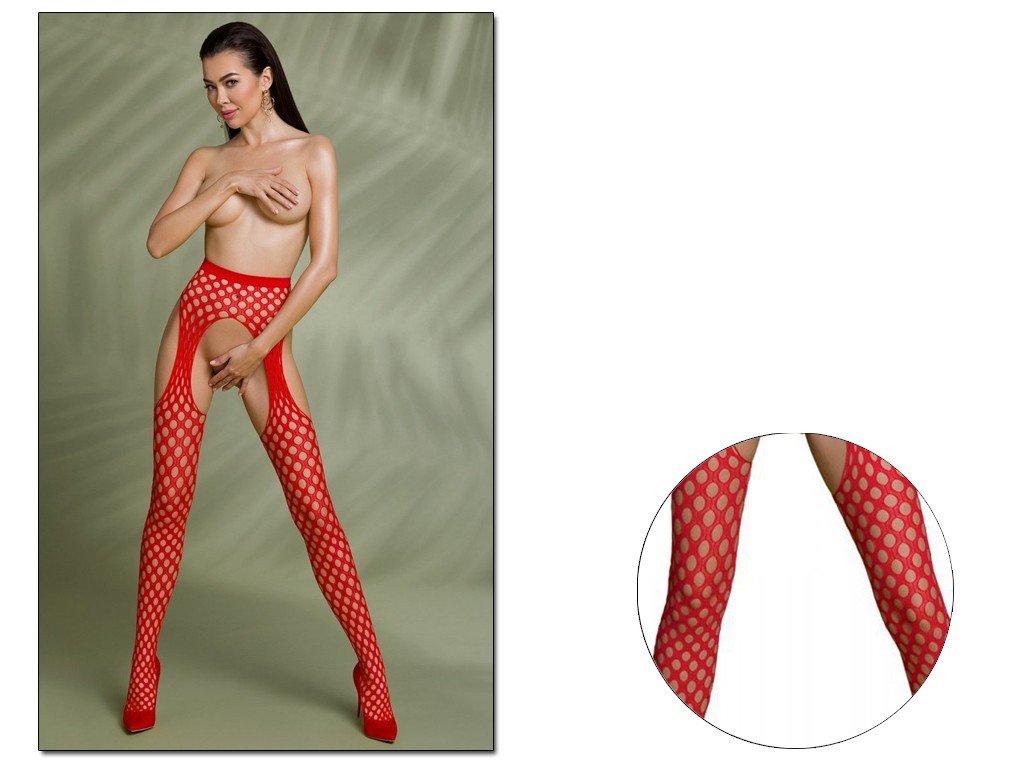 Červené punčochové kalhoty s otvory a páskem - 3