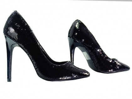 Čierne flitrované dámske topánky na podpätku - 3