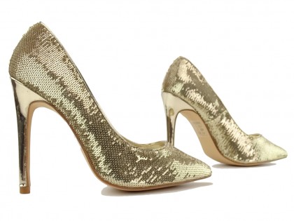 Sieviešu zelta stiletto kurpes ar mirdzumiem - 3