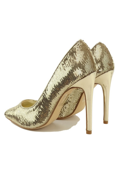 Gold stiletto women's shoes with sequins - 2