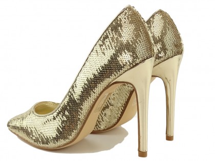 Gold stiletto women's shoes with sequins - 2