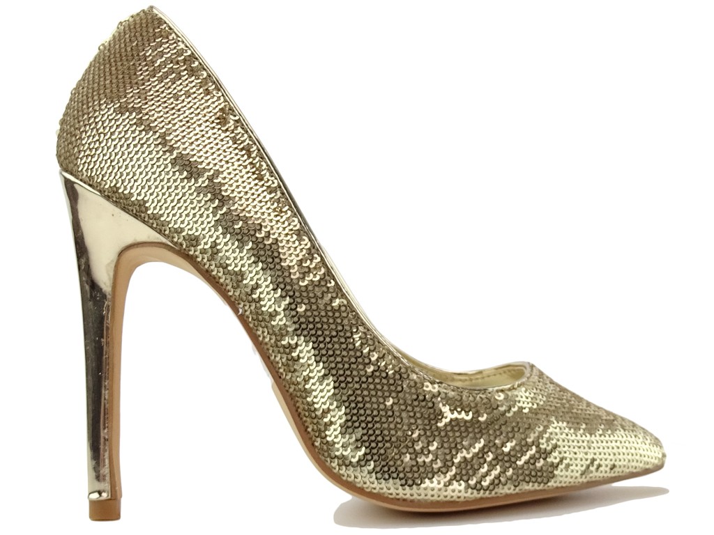 Dámske zlaté topánky na podpätku s flitrami - 1