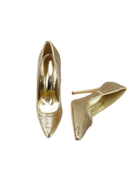 Sieviešu zelta stiletto kurpes ar mirdzumiem - 4