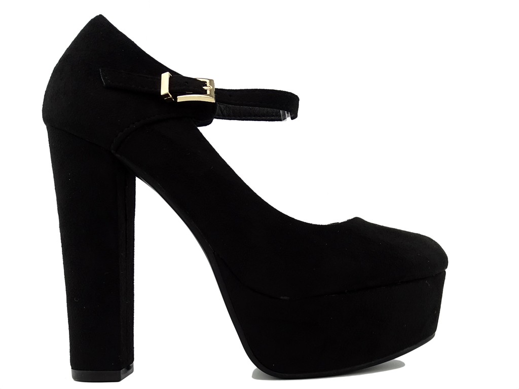 Black suede stilettos with a strap on a post - 1