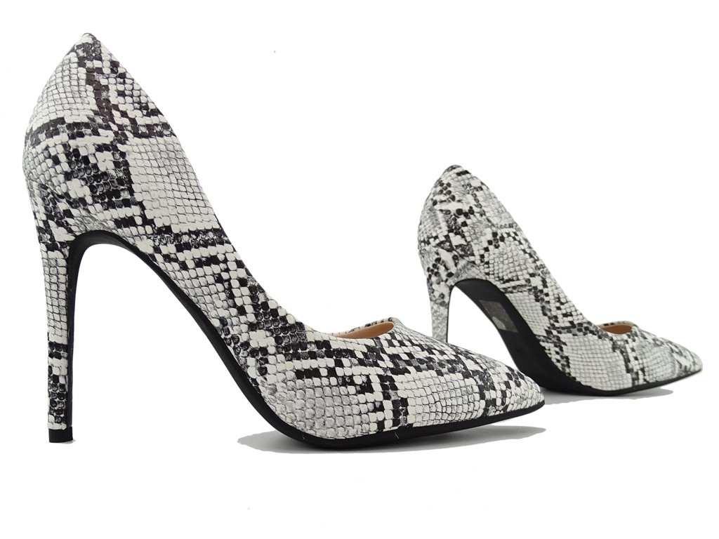 Schwarze und weiße Damenstilettos mit Schlangendruck - 3