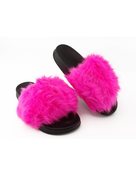 Neon rózsaszín hosszú szőrme flip-flopok - 2