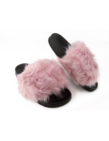 Flip-flops roz strălucitor, cu margine lungă de blană - 2