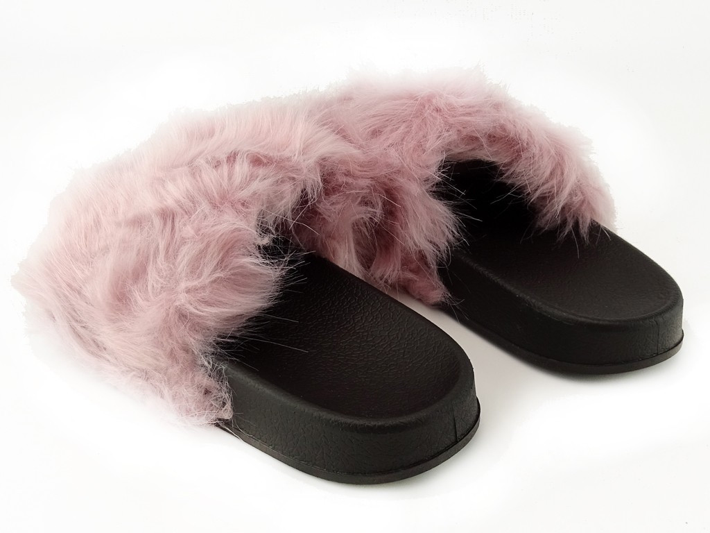 Spilgti rozā flip-flops ar garu kažokādas apdari - 3
