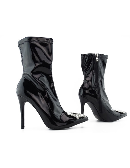 Bottes écologiques en cuir verni noir avec broche - 4