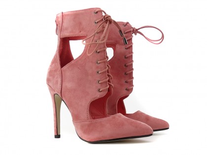 Růžové šněrovací kotníkové boty na jehlovém podpatku sandály - 2