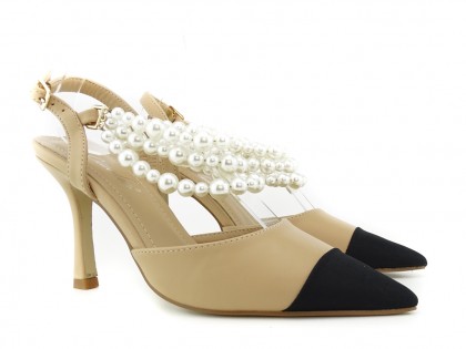 Beige low stilettos with pearls - 2