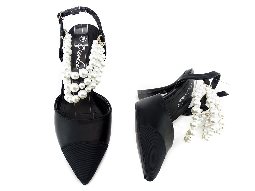 Černé nízké jehlové podpatky s perlami - 5