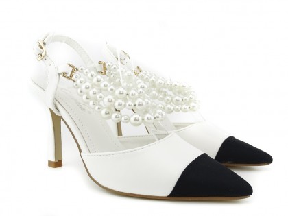 Pantofi cu tocuri joase albe cu perle - 2