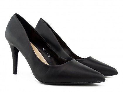 Pantofi stiletto din piele ecologică neagră mată joasă - 2