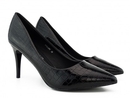 Чорні туфлі на низьких підборах з екошкіри - 2