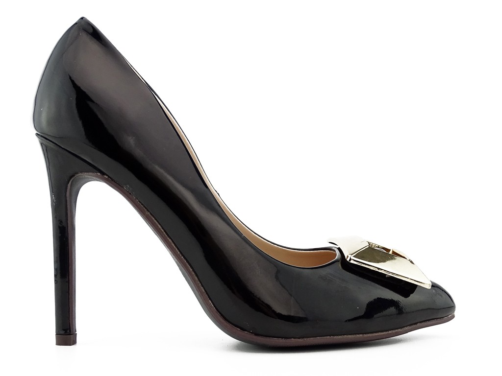 Pantofi stiletto de damă din piele întoarsă neagră cu cataramă - 1