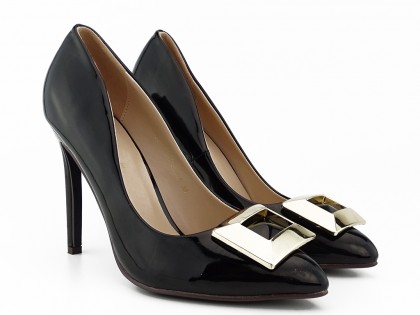 Pantofi stiletto de damă din piele întoarsă neagră cu cataramă - 2