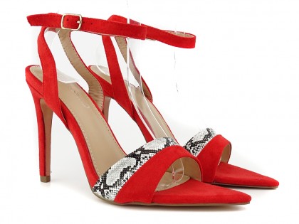Sandale stiletto din piele de căprioară roșie cu curea - 2