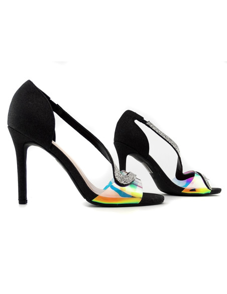Schwarze Stiletto-Sandalen mit holografischen Zirkonen - 3
